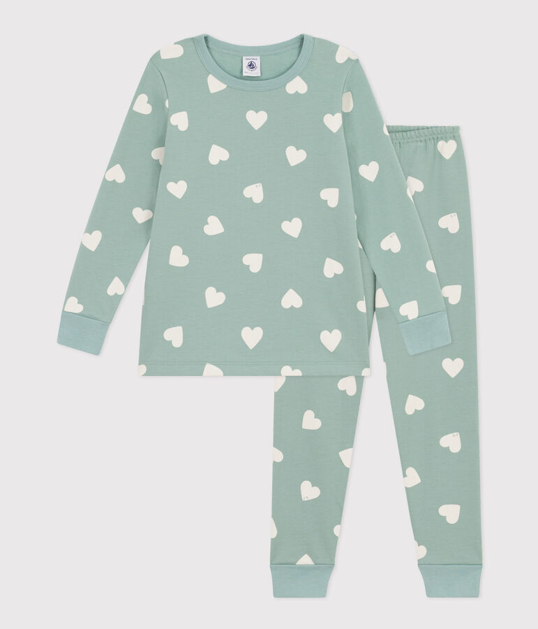 Pigiama cuore bambino unisex in tessuto felpato verde/ecru