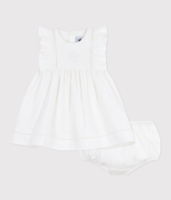 Abito senza maniche in cotone tinta unita ricamato, con bloomer abbinato neonata bianco ECUME