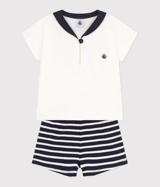 Completo neonato 2 pezzi in cotone con T-shirt con colletto alla marinara blu SMOKING/bianco MARSHMALLOW