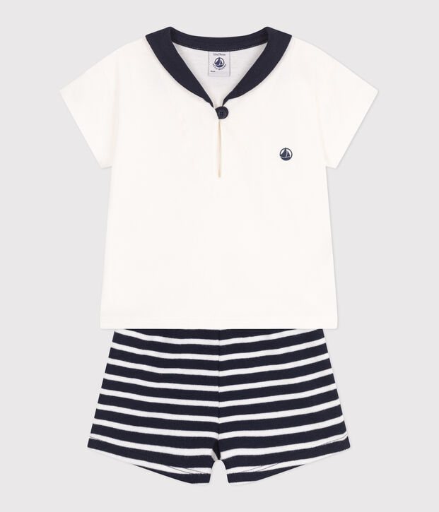 Completo neonato 2 pezzi in cotone con T-shirt con colletto alla marinara blu/bianco