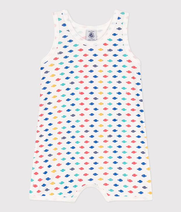 Tuta corta animali marini in cotone beb&egrave; bianco/multicolore