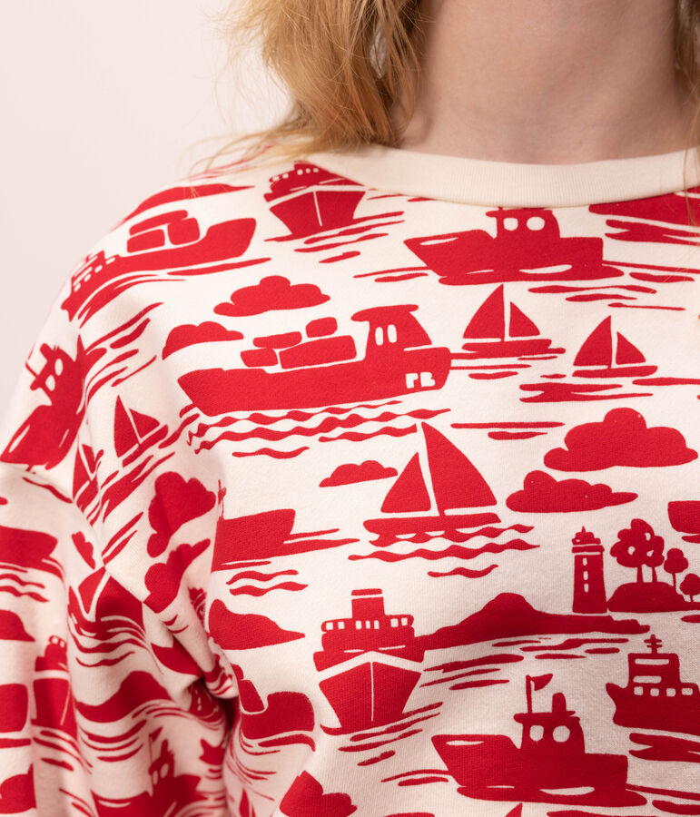 Felpa in cotone donna ecru/rosso