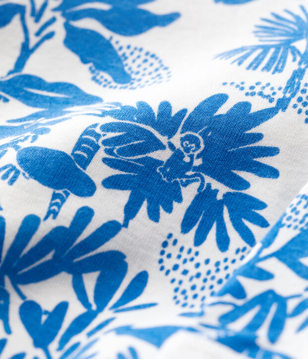 Tutina pigiama stampa vegetale senza piedi beb&egrave; in cotone bianco/blu