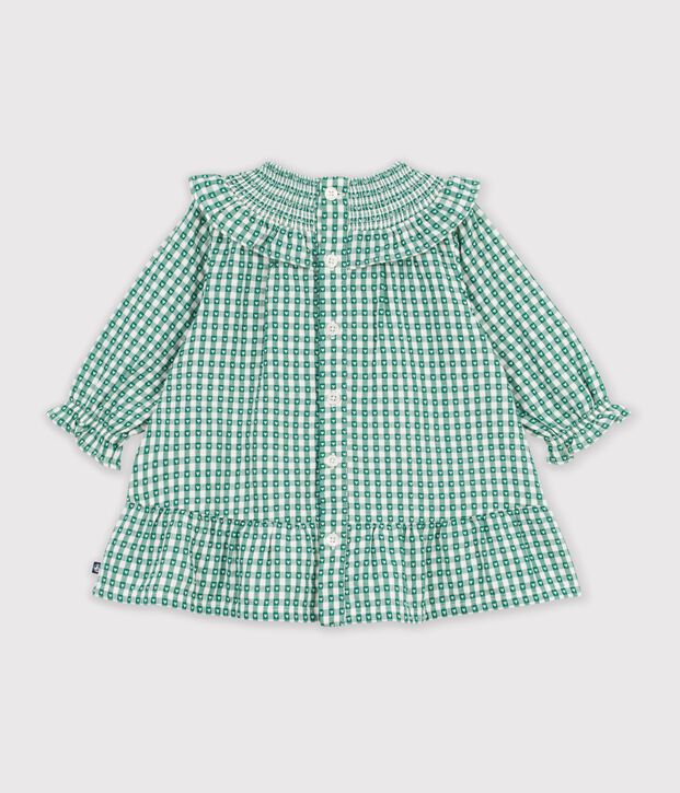 Abito a maniche lunghe in cotone a quadretti vichy neonata verde/bianco