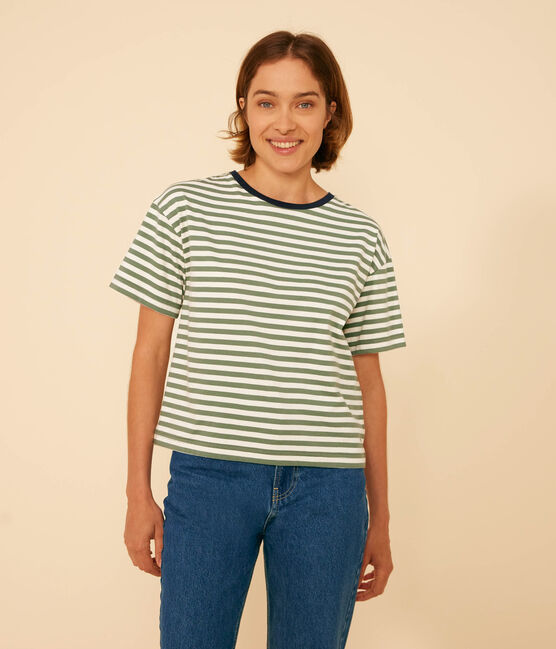 T-shirt LE BOXY in cotone rigato donna verde CROCO/ AVALANCHE