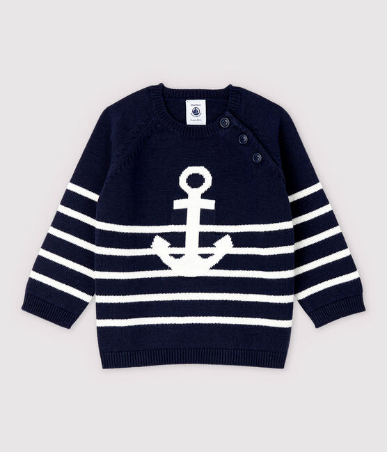 Pull in tricot jcotone/lino bebè maschio blu SMOKING/bianco MARSHMALLOW