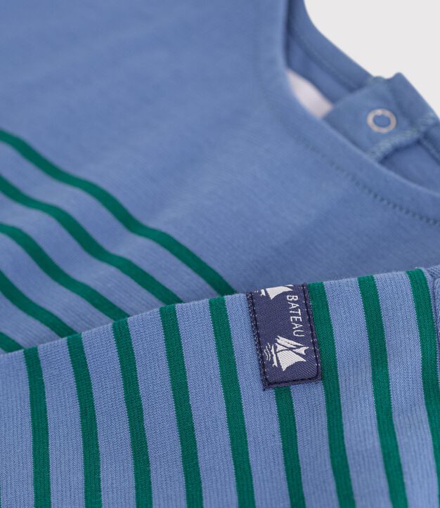 T-shirt a maniche lunghe in cotone a righe neonato. blu/verde