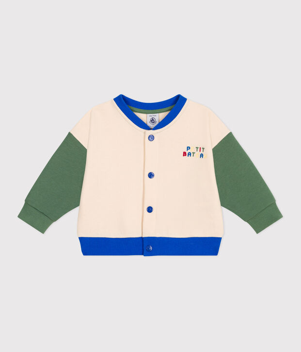 Giacca stile teddy in cotone color block neonato ecru/verde