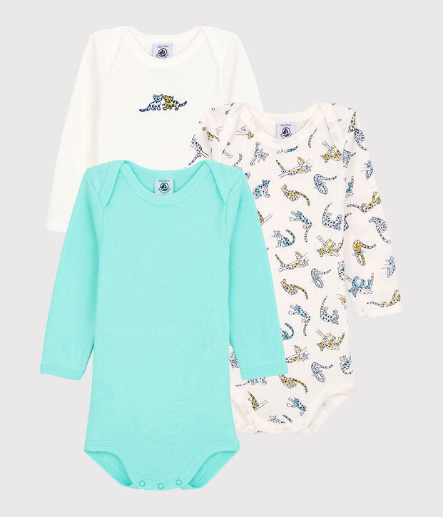 Confezione da 3 body bianchi a maniche lunghe fantasia pantere beb&egrave; in cotone biologico multicolore