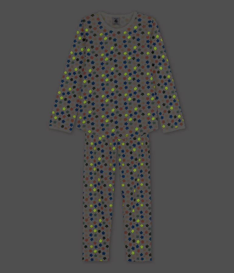 Pigiama a fiori fosforescenti bambina in cotone bianco MARSHMALLOW/bianco MULTICO