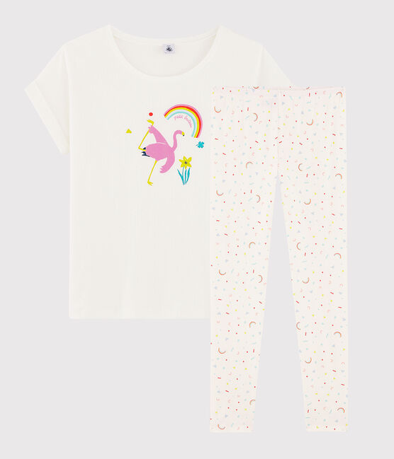 Pigiama ragazza fenicottero rosa a costine bianco MARSHMALLOW/bianco MULTICO