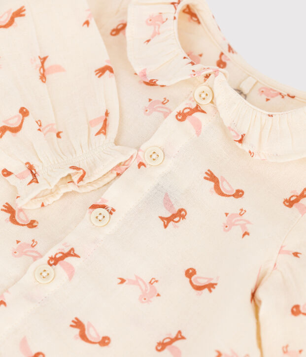 Blusa beb&egrave; in garza di cotone con motivo uccelli ecru/multicolore