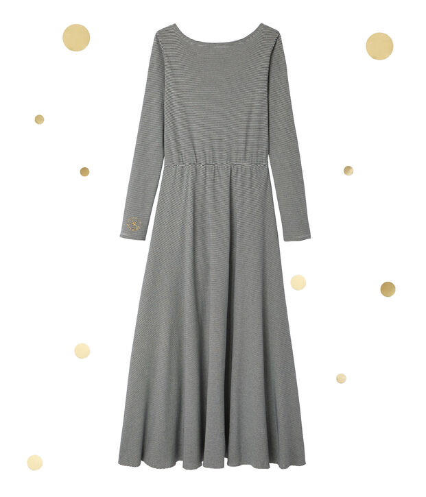 Robe longue femme &agrave; manches longues. Petit bateau x Marie-Agn&egrave;s Gillot blu/bianco