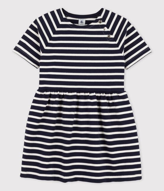 Abito bambina a maniche corte in cotone blu SMOKING/bianco MARSHMALLOW
