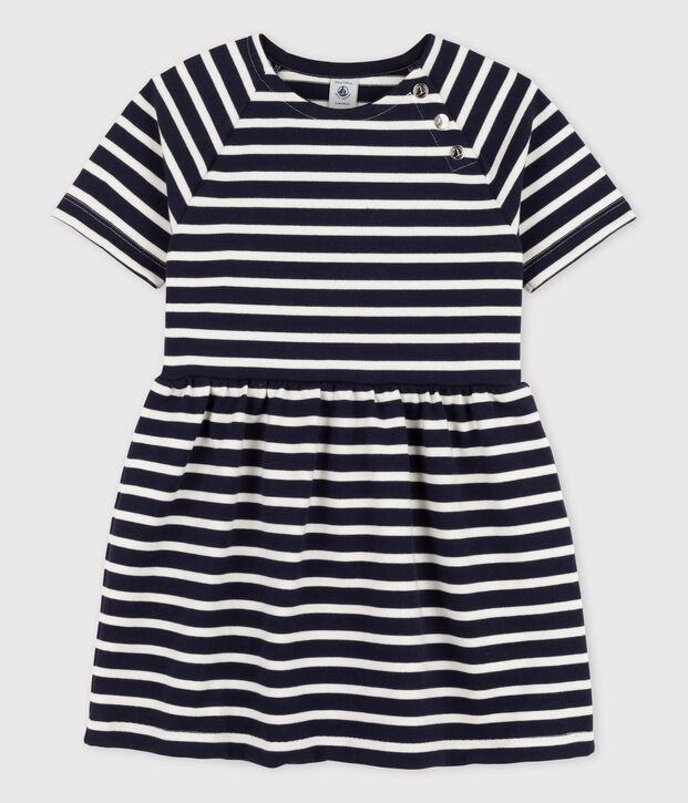 Abito bambina a maniche corte in cotone blu/bianco