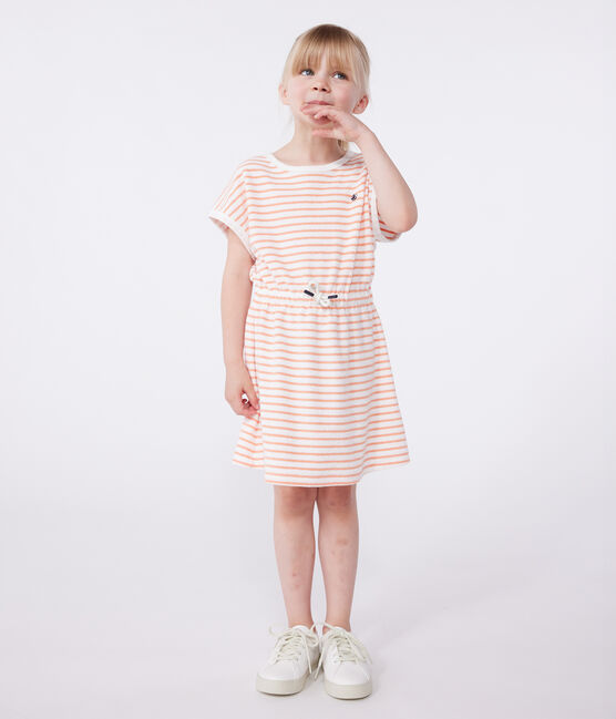Abito a maniche corte in spugna di cotone a righe bambina arancione MARSHMALLOW/ ABRICOT