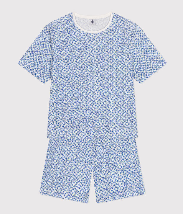 Pigiama donna con pantaloncini e t-shirt in cotone con motivo floreale blu/blu