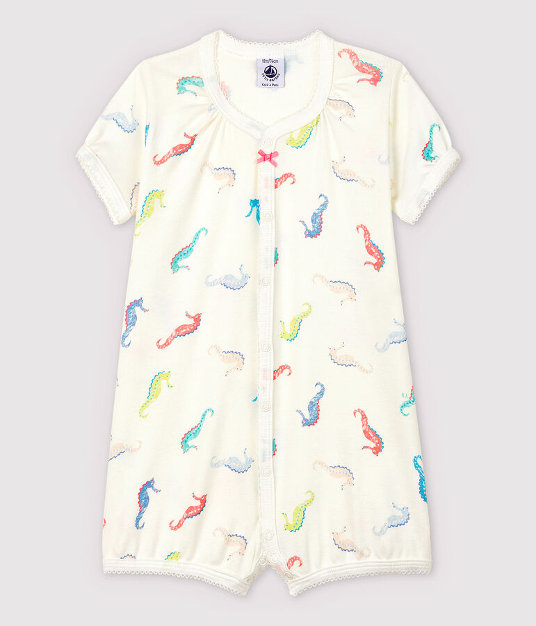 Tutina corta cavalluccio marino beb&egrave; femmina in cotone bianco/rosa