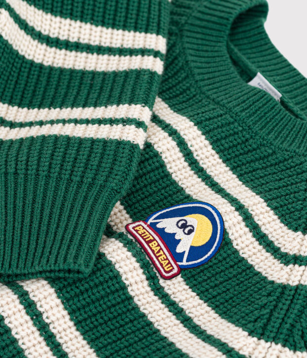 Pullover in misto lana e cotone a righe bambino verde/ecru