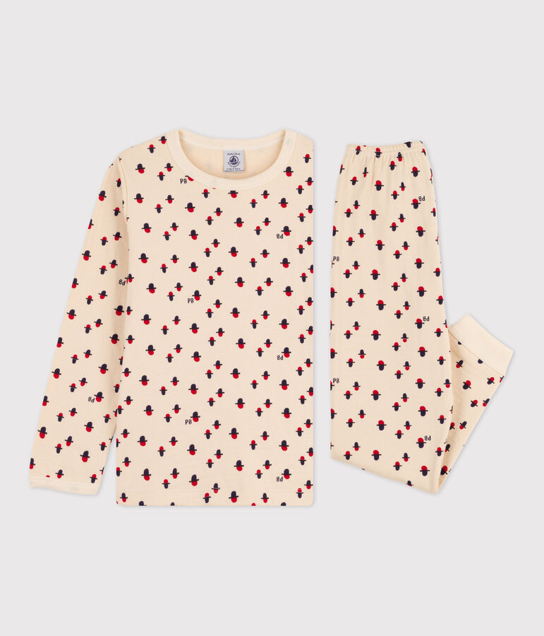 Pigiama in cotone per bimbo/bimba in tubique ecru/rosso/multicolore