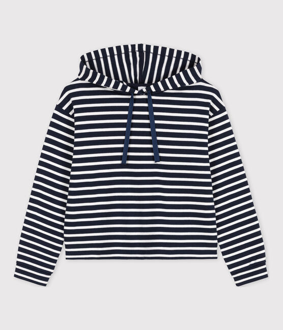 Felpa con cappuccio in cotone donna blu SMOKING/bianco MARSHMALLOW