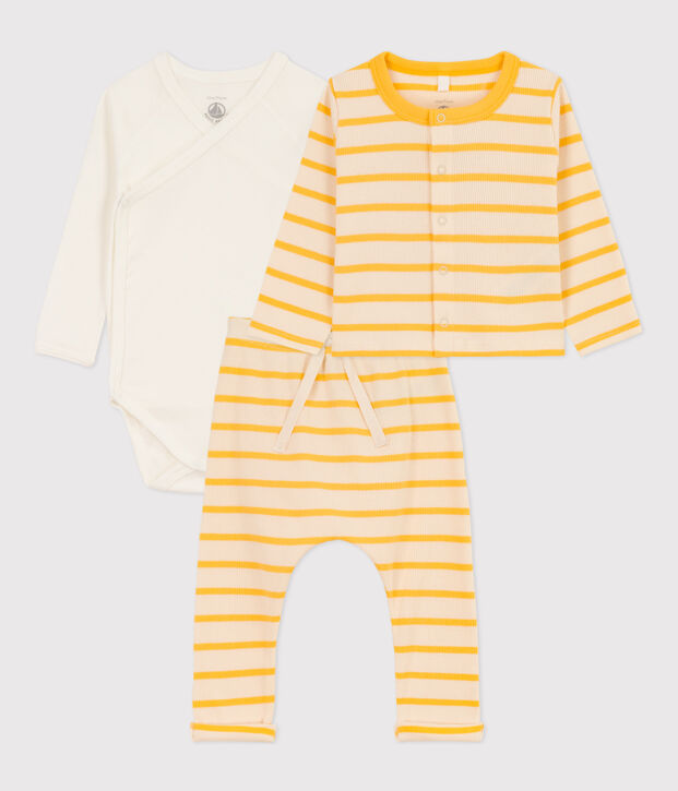 Tutina a righe marini&egrave;re beb&egrave; in cotone ecru/giallo