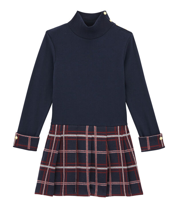 Abito collo alto in doppio tessuto per bambina blu/multicolore