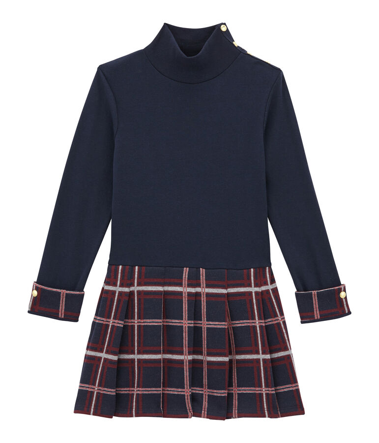 Abito collo alto in doppio tessuto per bambina blu SMOKING/bianco MULTICO