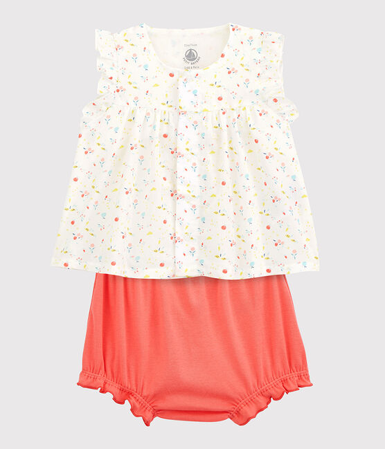 Completo 2 pezzi a fiori bebè bambina ordito e trama in cotone biologico bianco MARSHMALLOW/bianco MULTICO