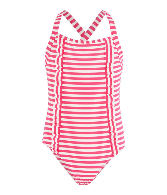 Costume da bagno intero a righe con dettagli di volant. rosa GEISHA/bianco MARSHMALLOW