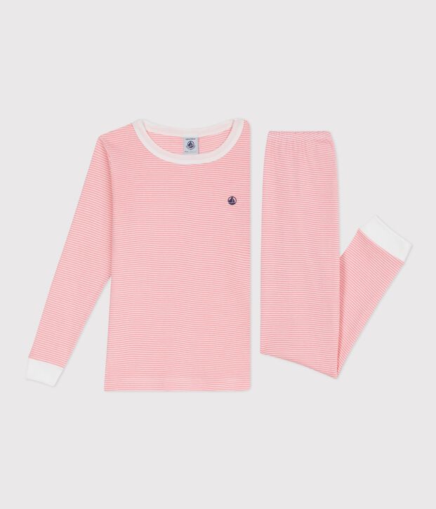 Pigiama molto aderente bambino in cotone a righe rosa/bianco