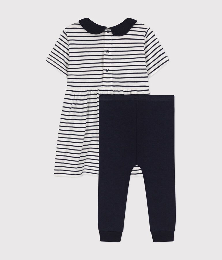 Completo abito e leggings in cotone beb&egrave; bianco/blu