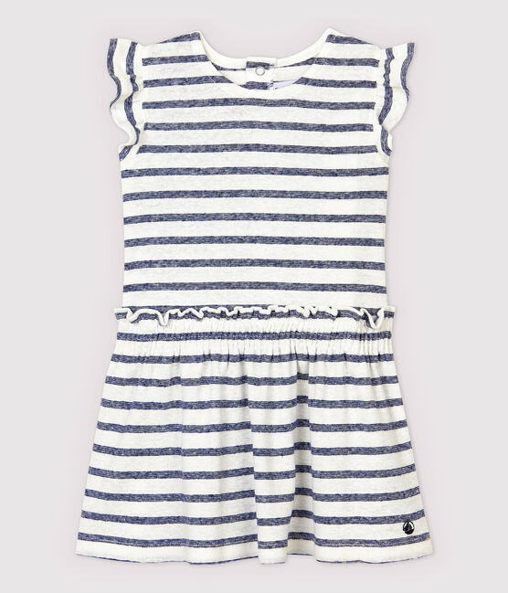 Abito a manica corta in cotone/lino a righe bebè femmina bianco MARSHMALLOW/blu MEDIEVAL