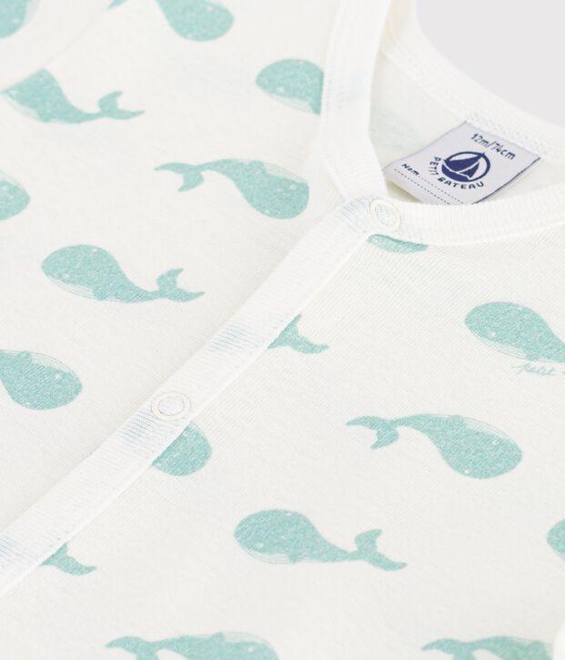 Tutina corta in cotone con stampa balena neonato bianco/blu