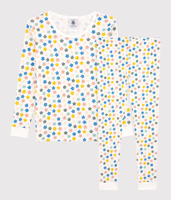 Pigiama snugfit a fiori fosforescenti effetto retrò bambina in cotone bianco MARSHMALLOW/bianco MULTICO