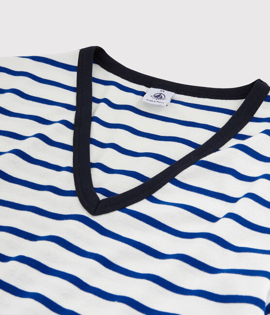 T-shirt scollo a V iconica Donna bianco MARSHMALLOW/blu SURF