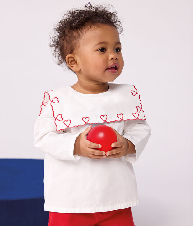 Blusa a maniche lunghe in popeline di cotone con ricamo a cuori neonata bianco