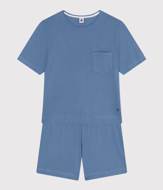 Pigiama donna con pantaloncini e t-shirt in cotone traforato tinta unita blu BEACH