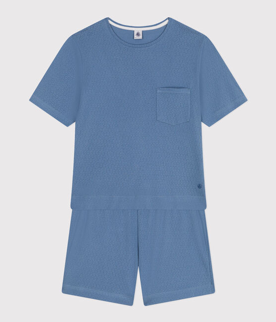 Pigiama donna con pantaloncini e t-shirt in cotone traforato tinta unita blu BEACH