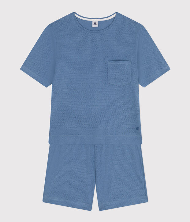 Pigiama donna con pantaloncini e t-shirt in cotone traforato tinta unita blu