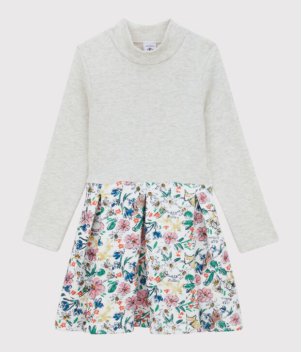 Abito bambina a maniche lunghe in cotone e tubique bianco/multicolore