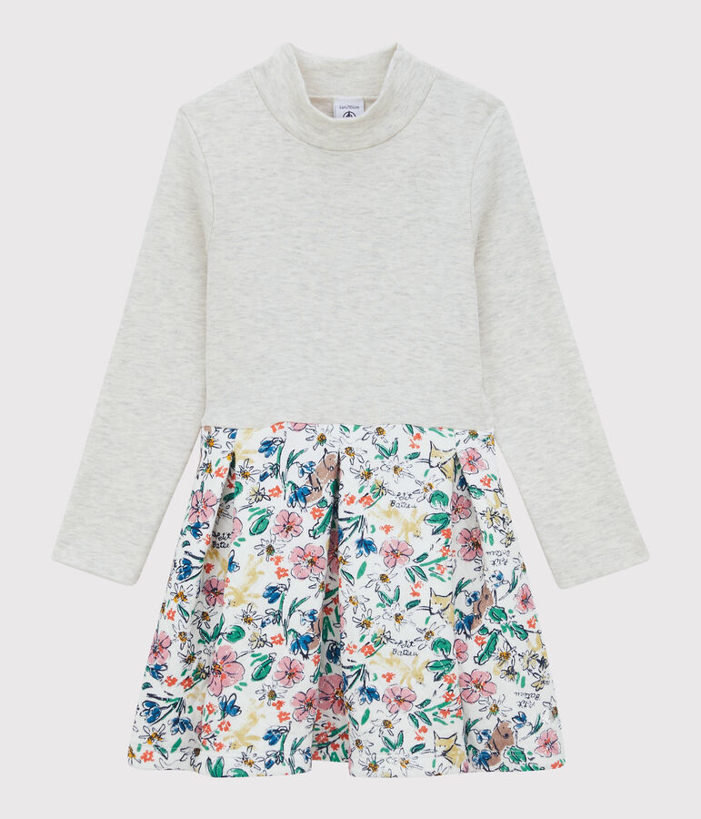 Abito bambina a maniche lunghe in cotone e tubique bianco/multicolore