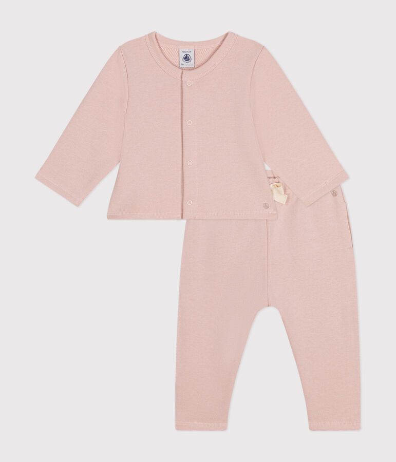 Completo cardigan e pantaloni in tessuto felpato beb&egrave; rosa