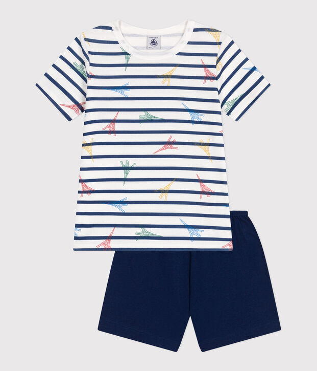 Pigiama corto in cotone con stampa Parigi bambino blu/multicolore