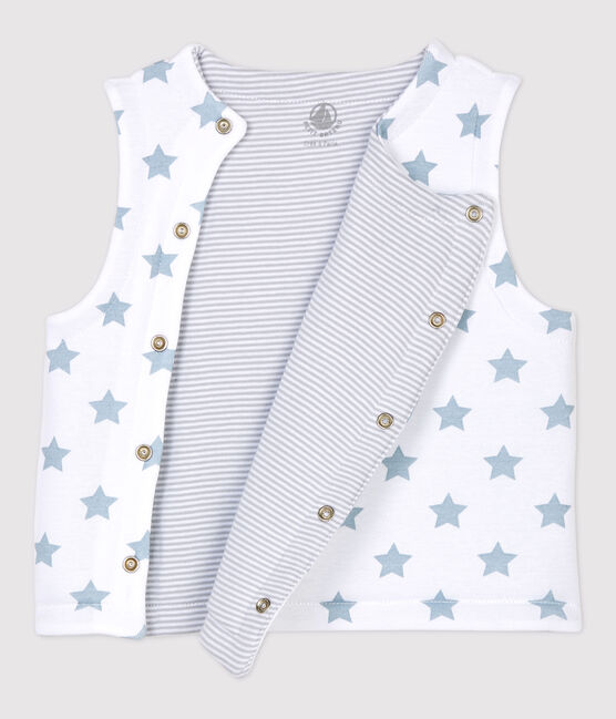 Cardigan smanicato double face fantasia a stelle bebè a costine bianco ECUME/grigio MISTIGRI