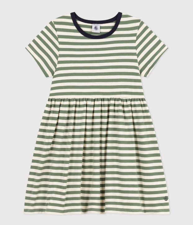 Abito a maniche corte in cotone a righe bambina verde/ecru