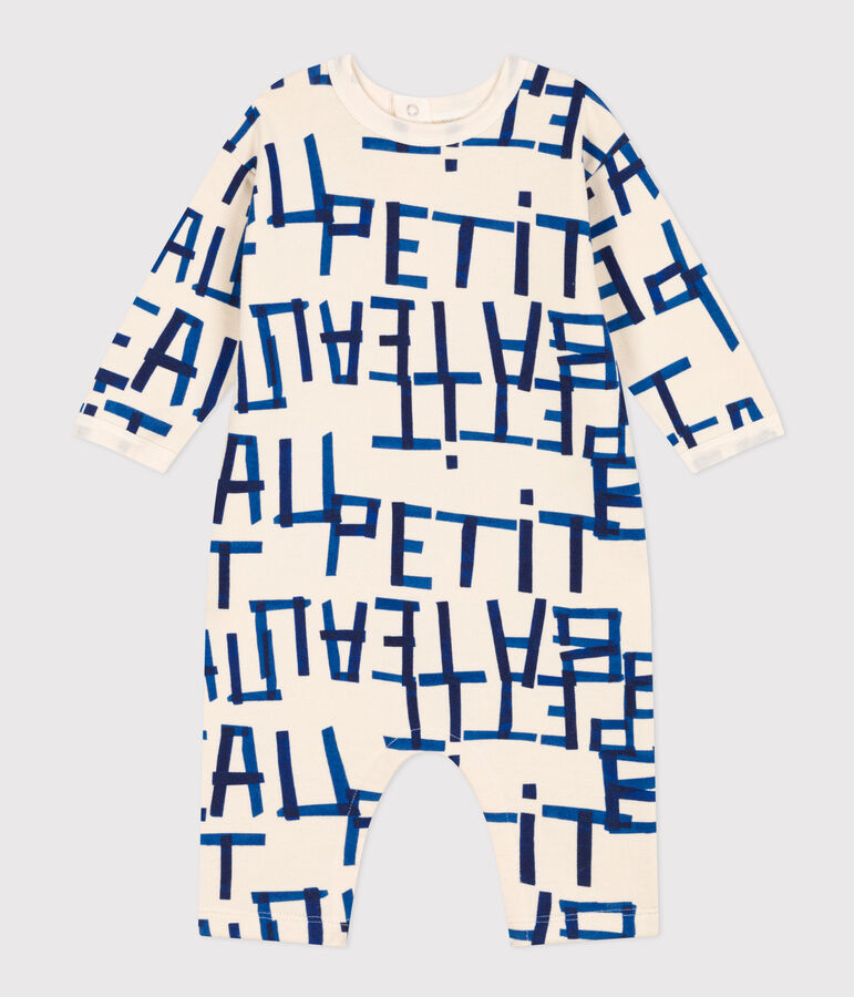 Tutina lunga in tessuto felpato stampato per beb&egrave; ecru/multicolore