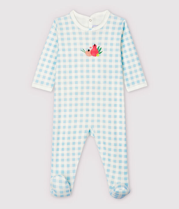 Tutina pigiama quadrettini vichy blu beb&egrave; femmina in cotone bianco/blu