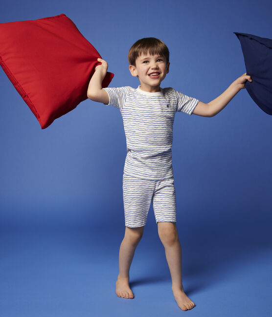 Pigiama corto snugfit fantasia onde bambino in cotone bianco MARSHMALLOW/blu COOL