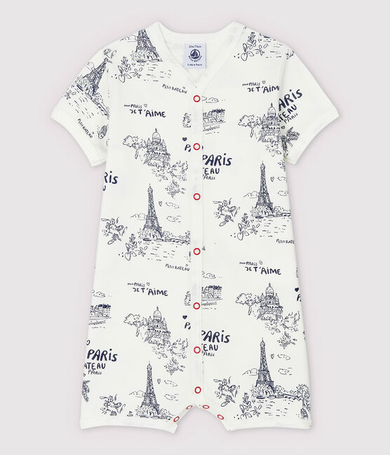 Tutaina corta tela di Jouy Parigi bebè in cotone bianco MARSHMALLOW/blu MEDIEVAL